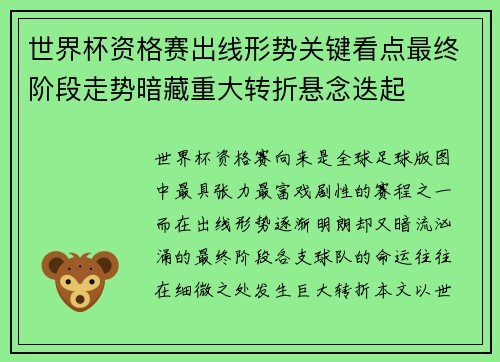 世界杯资格赛出线形势关键看点最终阶段走势暗藏重大转折悬念迭起