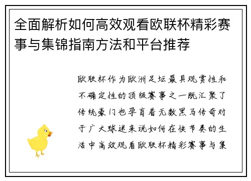 全面解析如何高效观看欧联杯精彩赛事与集锦指南方法和平台推荐